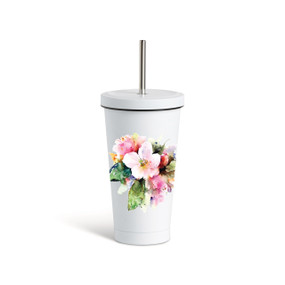 A white tumbler with a white lid and metal straw that has a watercolor image of an apple blossom flower on the front.