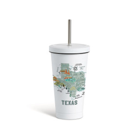 A white tumbler with a white lid and metal straw with a map illustration of Texas with landmarks and cities.