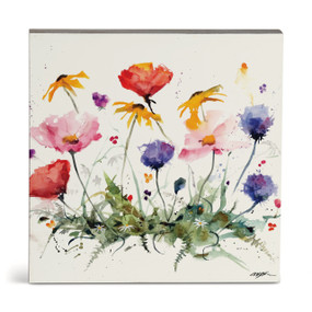 A square watercolor wall art of colorful wildflowers.