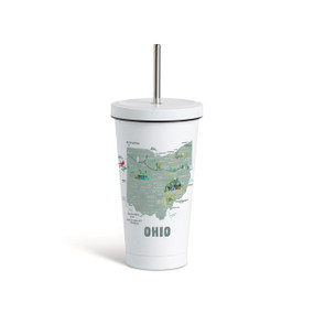 A white tumbler with a white lid and metal straw with a map illustration of Ohio with landmarks and cities.