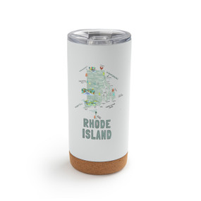 A white cork bottom tumbler with a graphic map image of Rhode Island and illustrations of famous locations and cities.