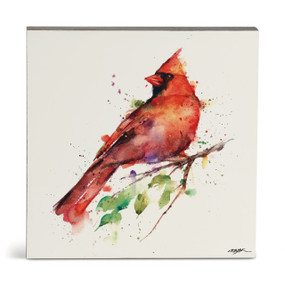 A square watercolor wall art of a red cardinal perched on a branch.