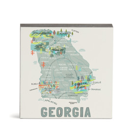 A white square wall art with an illustrated map of Georgia with landmarks and cities.