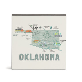 A white square wall art with an illustrated map of Oklahoma with landmarks and cities.