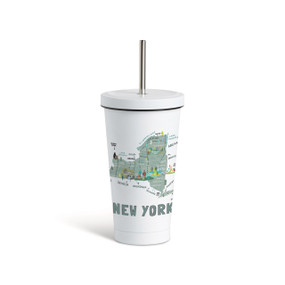 A white tumbler with a white lid and metal straw with a map illustration of New York with landmarks and cities.