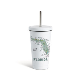 A white tumbler with a white lid and metal straw with a map illustration of Florida with landmarks and cities.