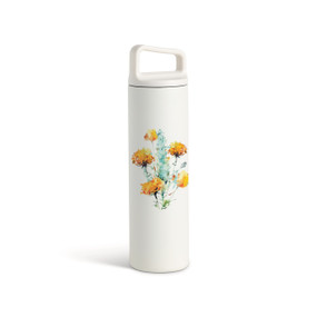 A white water bottle with a screw top handled lid. The front has a watercolor image of a sagebrush.