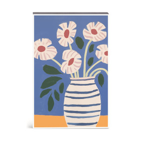 A wall art illustration of a vase and flowers against a blue background.