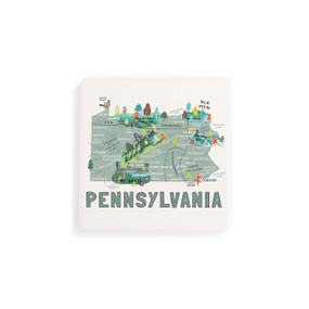 A set of four white square coasters with a map illustration of Pennsylvania with famous landmarks and cities.