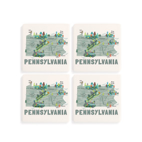 A set of four white square coasters with a map illustration of Pennsylvania with famous landmarks and cities.