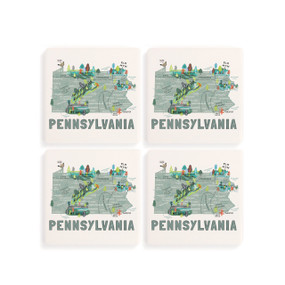 A set of four white square coasters with a map illustration of Pennsylvania with famous landmarks and cities.