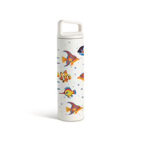 A white water bottle with a screw top handled lid. The image of colorul fish are around the bottle.