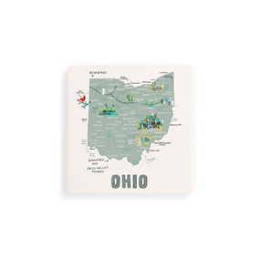 A set of four white square coasters with a map illustration of Ohio with famous landmarks and cities.
