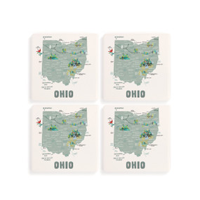 A set of four white square coasters with a map illustration of Ohio with famous landmarks and cities.