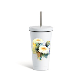 A white tumbler with a white lid and metal straw that has a watercolor image of a flowering saguaro cactus on the front.