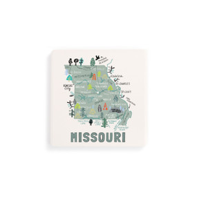 A set of four white square coasters with a map illustration of Missouri with famous landmarks and cities.