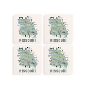 A set of four white square coasters with a map illustration of Missouri with famous landmarks and cities.
