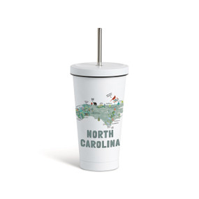 A white tumbler with a white lid and metal straw with a map illustration of North Carolina with landmarks and cities.