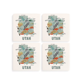 A set of four white square coasters with a map illustration of Utah with famous landmarks and cities.