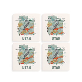 A set of four white square coasters with a map illustration of Utah with famous landmarks and cities.