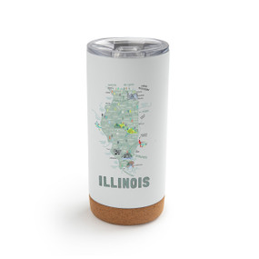 A white cork bottom tumbler with a graphic map image of Illinois and illustrations of famous locations and cities.