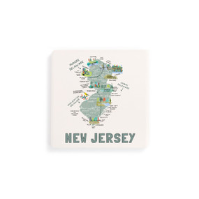 A set of four white square coasters with a map illustration of New Jersey with famous landmarks and cities.