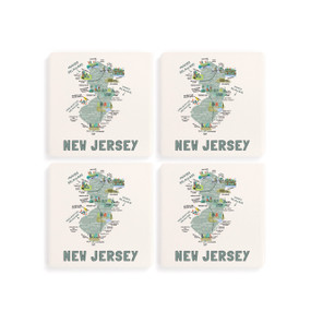 A set of four white square coasters with a map illustration of New Jersey with famous landmarks and cities.