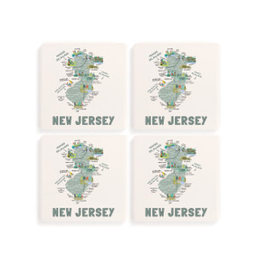 A set of four white square coasters with a map illustration of New Jersey with famous landmarks and cities.