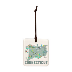 A square cream hanging tile magnet ornament with a map illustration of Connecticut with landmarks and cities.