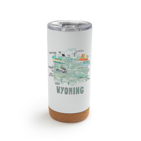 A white cork bottom tumbler with a graphic map image of Wyoming and illustrations of famous locations and cities.