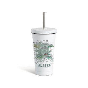 A white tumbler with a white lid and metal straw with a map illustration of Alaska with landmarks and cities.