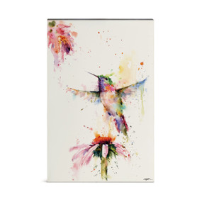 A watercolor wall art of a hummingbird in flight over a pink coneflower.