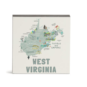 A white square wall art with an illustrated map of West Virginia with landmarks and cities.