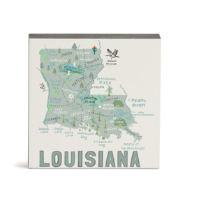 A white square wall art with an illustrated map of Louisiana with landmarks and cities.