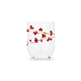 A clear plastic tumbler with a cranberry branch on it.