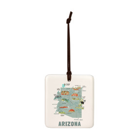 A square cream hanging tile magnet ornament with a map illustration of Arizona with landmarks and cities.