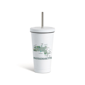 A white tumbler with a white lid and metal straw with a map illustration of Massachusetts with landmarks and cities.