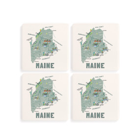 A set of four white square coasters with a map illustration of Maine with famous landmarks and cities.