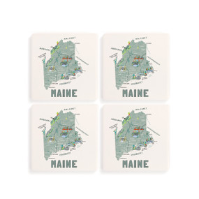 A set of four white square coasters with a map illustration of Maine with famous landmarks and cities.