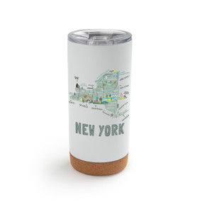 A white cork bottom tumbler with a graphic map image of New York and illustrations of famous locations and cities.