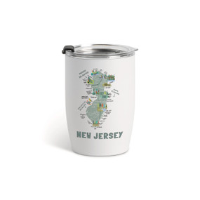 A white tumbler with a clear plastic lid and a map illustration of New Jersey with landmarks and cities.