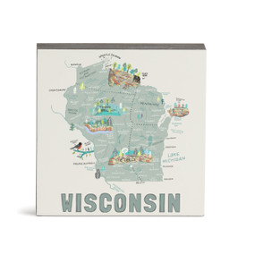 A white square wall art with an illustrated map of Wisconsin with landmarks and cities.