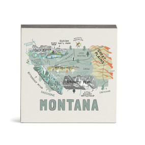 A white square wall art with an illustrated map of Montana with landmarks and cities.
