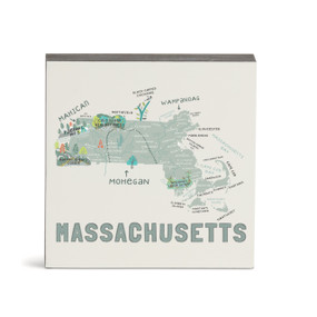 A white square wall art with an illustrated map of Massachusetts with landmarks and cities.
