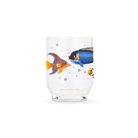 A clear acrylic tumbler with colorful fish around the glass.