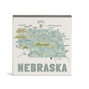 A white square wall art with an illustrated map of Nebraska with landmarks and cities.