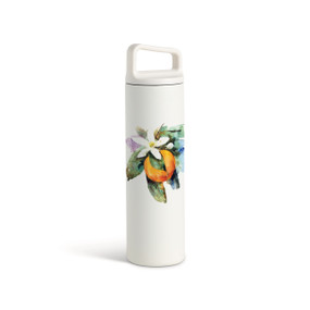 A white water bottle with a screw top handled lid. The front has a watercolor image of an orange blossom.