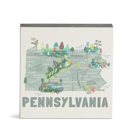 A white square wall art with an illustrated map of Pennsylvania with landmarks and cities.