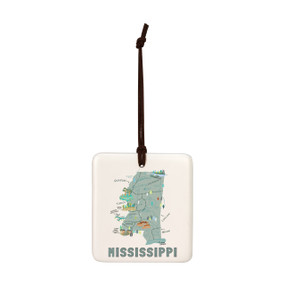 A square cream hanging tile magnet ornament with a map illustration of Mississippi with landmarks and cities.