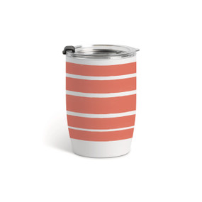 A white tumbler with a clear plastic lid and wide horizontal red stripes around the glass.
